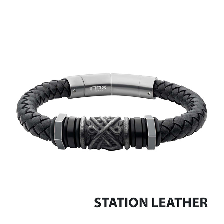 Black Full Grain Cowhide Leather Braided Bracelet with Gun Metal Beads