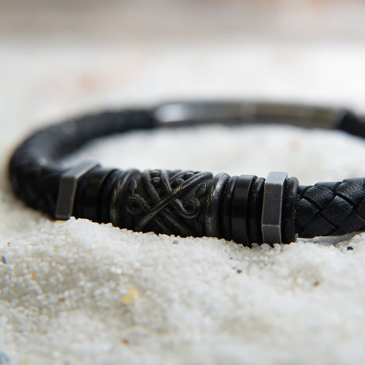 Black Full Grain Cowhide Leather Braided Bracelet with Gun Metal Beads