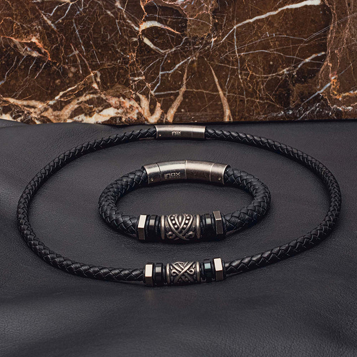 Black Full Grain Cowhide Leather Braided Bracelet with Gun Metal Beads