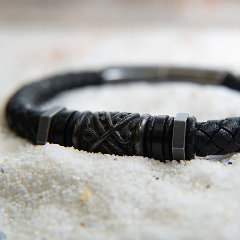 Black Full Grain Cowhide Leather Braided Bracelet with Gun Metal Beads