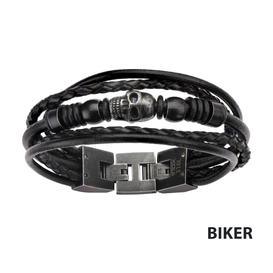 Multi Black Leather & Black Skull Beads Bracelet