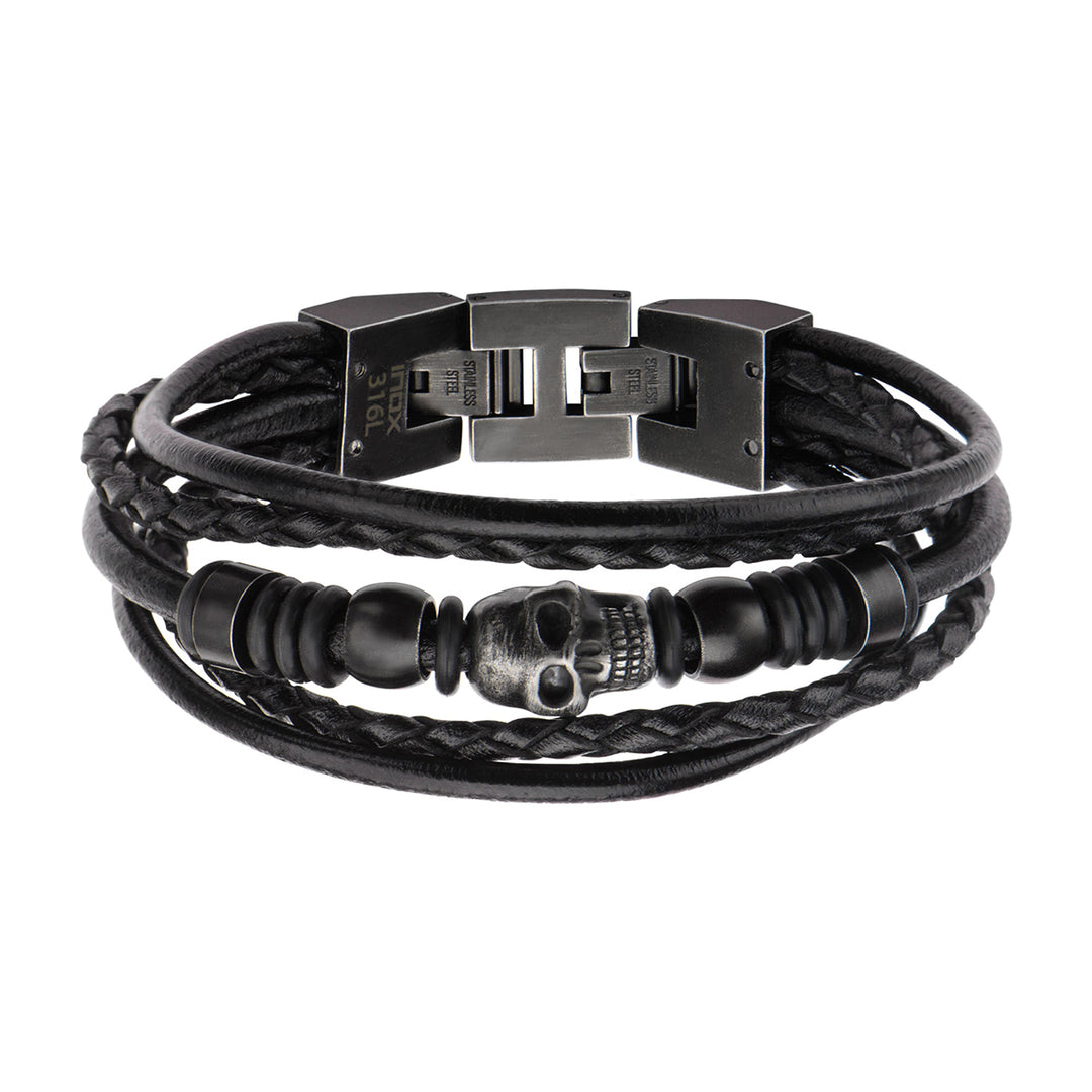 Multi Black Leather & Black Skull Beads Bracelet