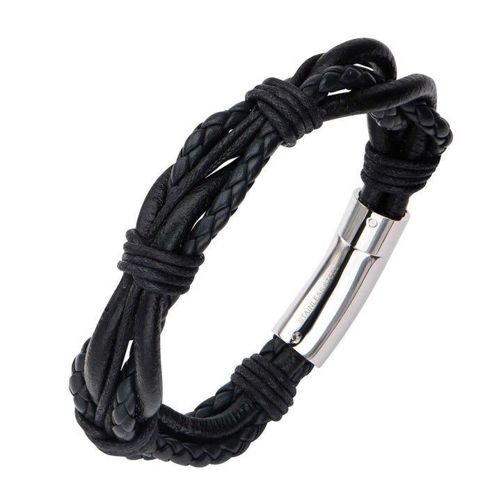 Multi Black Full Grain Cowhide Leather Bracelet with Steel Clasp