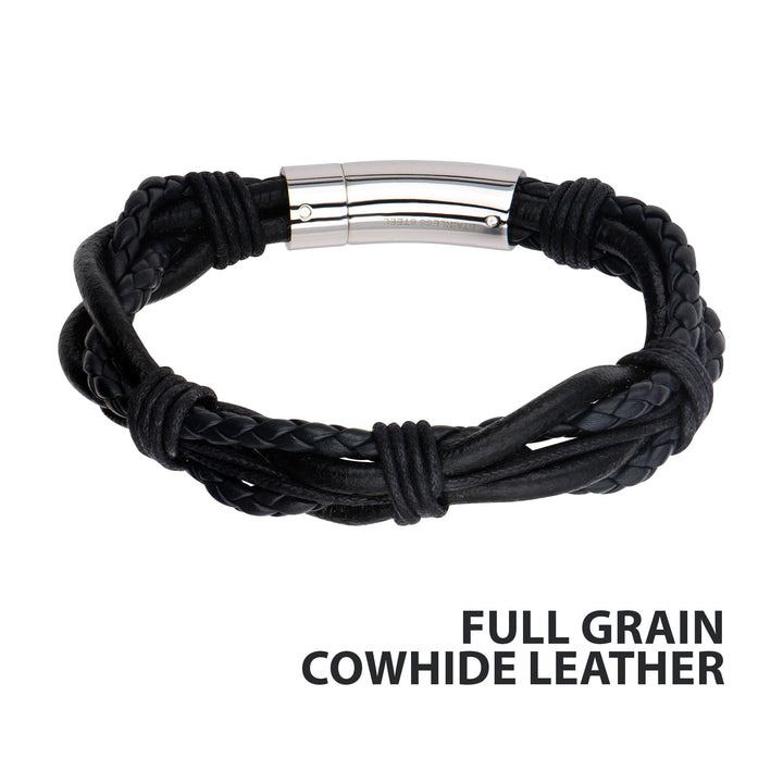 Multi Black Full Grain Cowhide Leather Bracelet with Steel Clasp