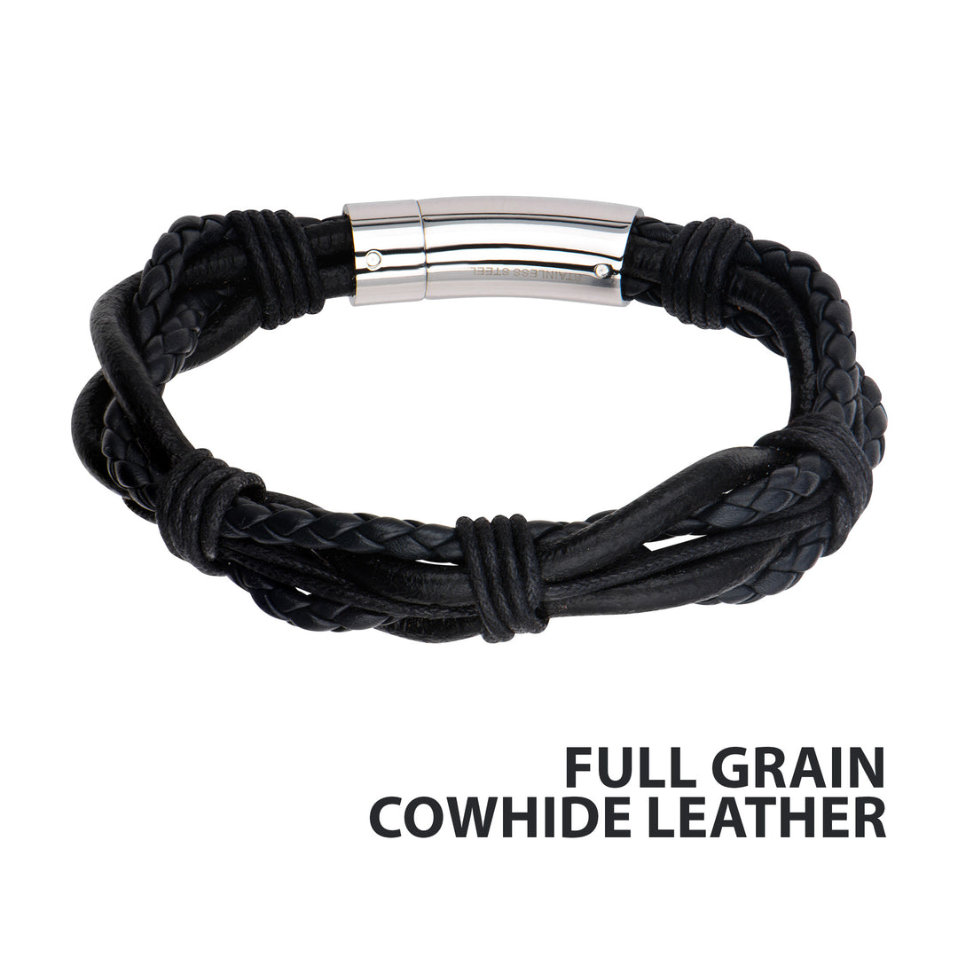 Multi Black Full Grain Cowhide Leather Bracelet with Steel Clasp