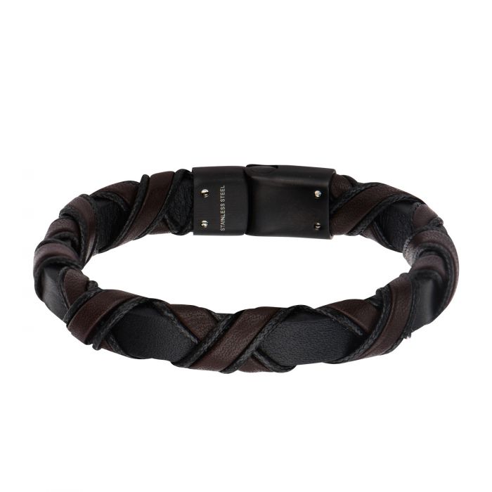 Woven Black & Dark Brown Full Grain Cowhide Leather Bracelet with Black IP Clasp
