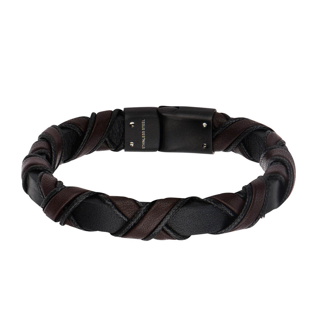 Woven Black & Dark Brown Full Grain Cowhide Leather Bracelet with Black IP Clasp