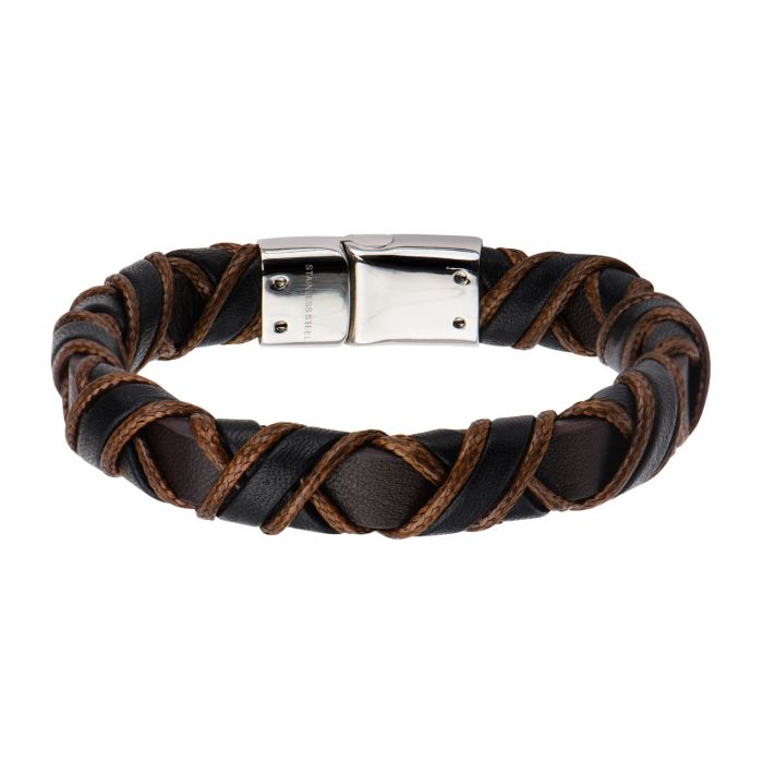 Stainless Steel Clasp with Woven Black & Light Brown Full Grain Cowhide Leather Bracelet