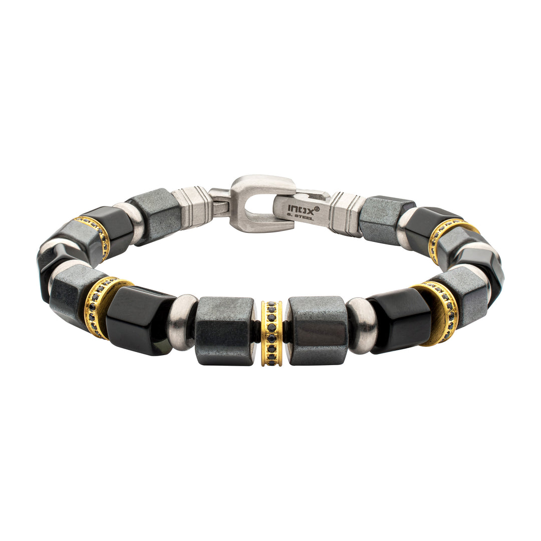 8mm Onyx & Hematite Bead Bracelet with Black Sapphire Crown Link