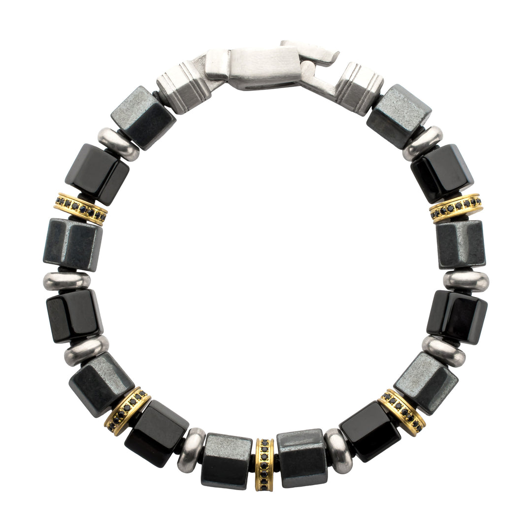 8mm Onyx & Hematite Bead Bracelet with Black Sapphire Crown Link