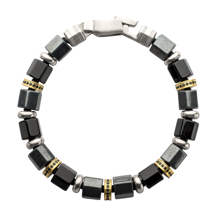 8mm Onyx & Hematite Bead Bracelet with Black Sapphire Crown Link