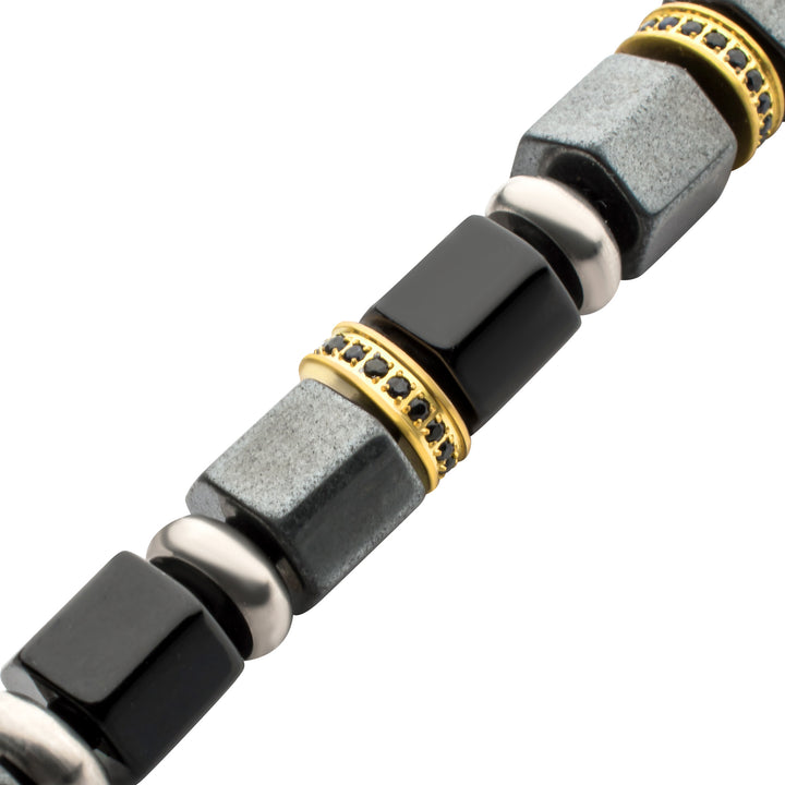 8mm Onyx & Hematite Bead Bracelet with Black Sapphire Crown Link