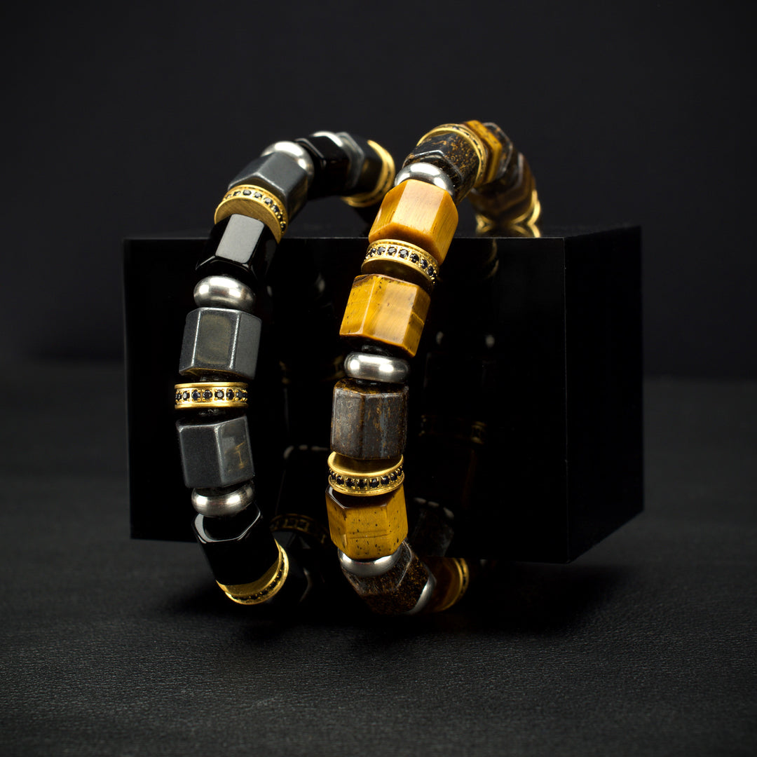 8mm Onyx & Hematite Bead Bracelet with Black Sapphire Crown Link