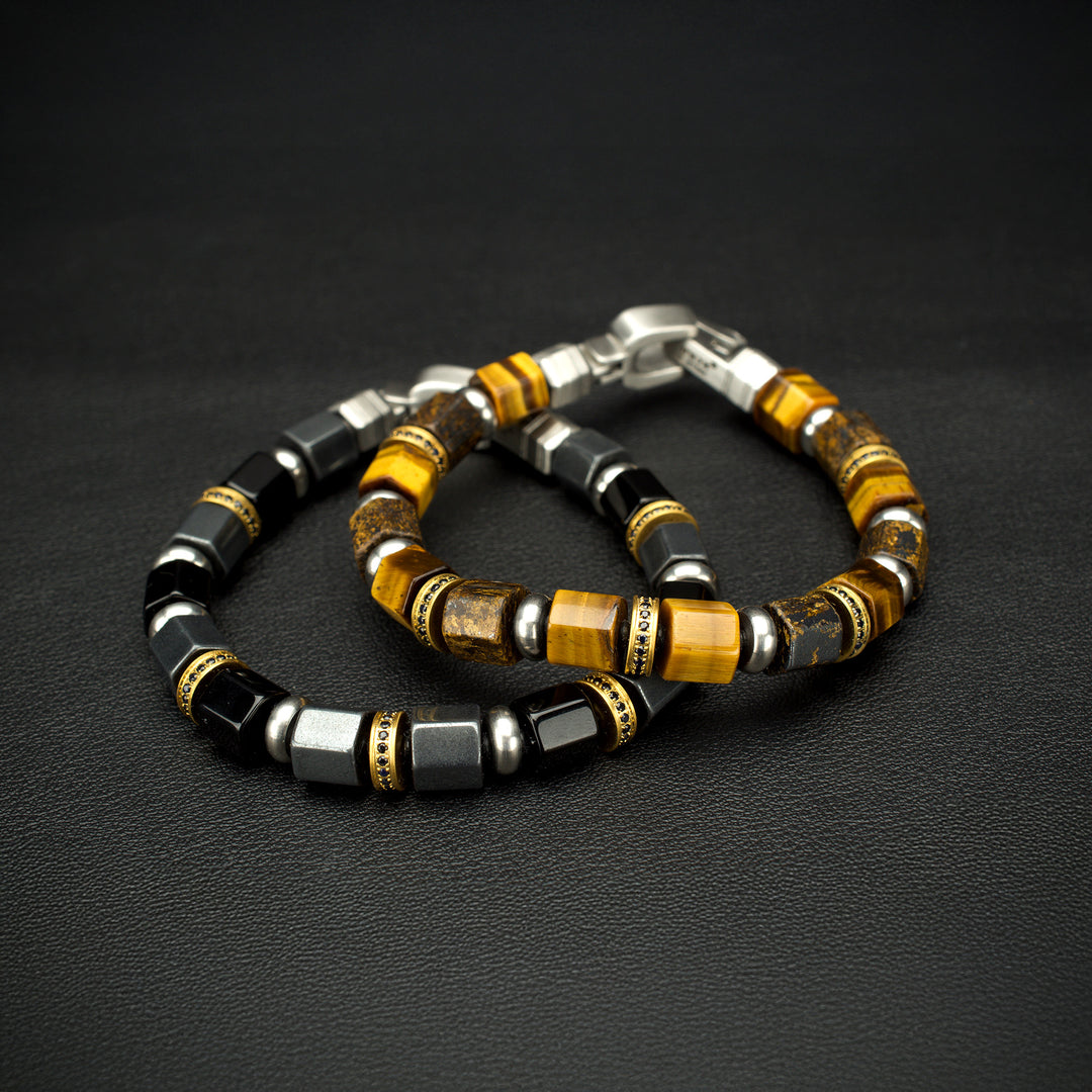 8mm Onyx & Hematite Bead Bracelet with Black Sapphire Crown Link