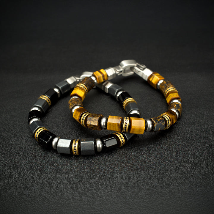 8mm Onyx & Hematite Bead Bracelet with Black Sapphire Crown Link