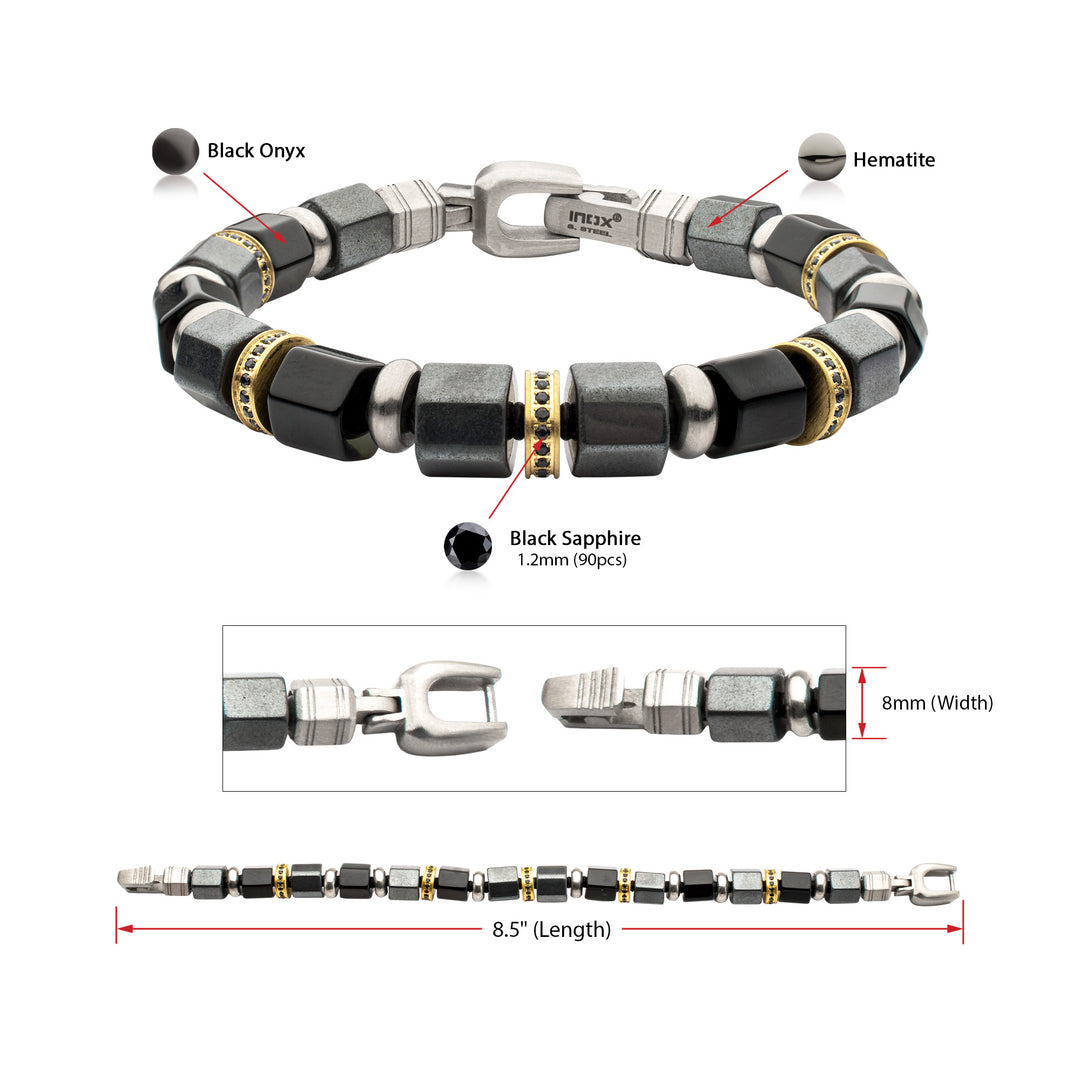 8mm Onyx & Hematite Bead Bracelet with Black Sapphire Crown Link