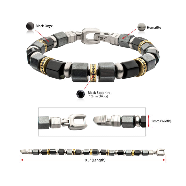8mm Onyx & Hematite Bead Bracelet with Black Sapphire Crown Link