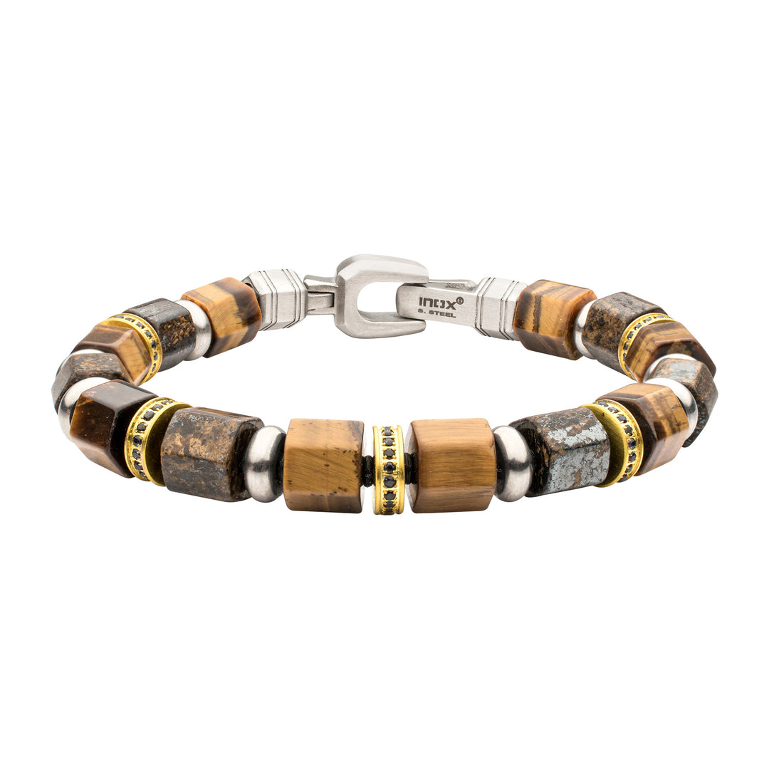 8mm Bronzite & Tiger Eye Bead Bracelet with Black Sapphire Crown Link
