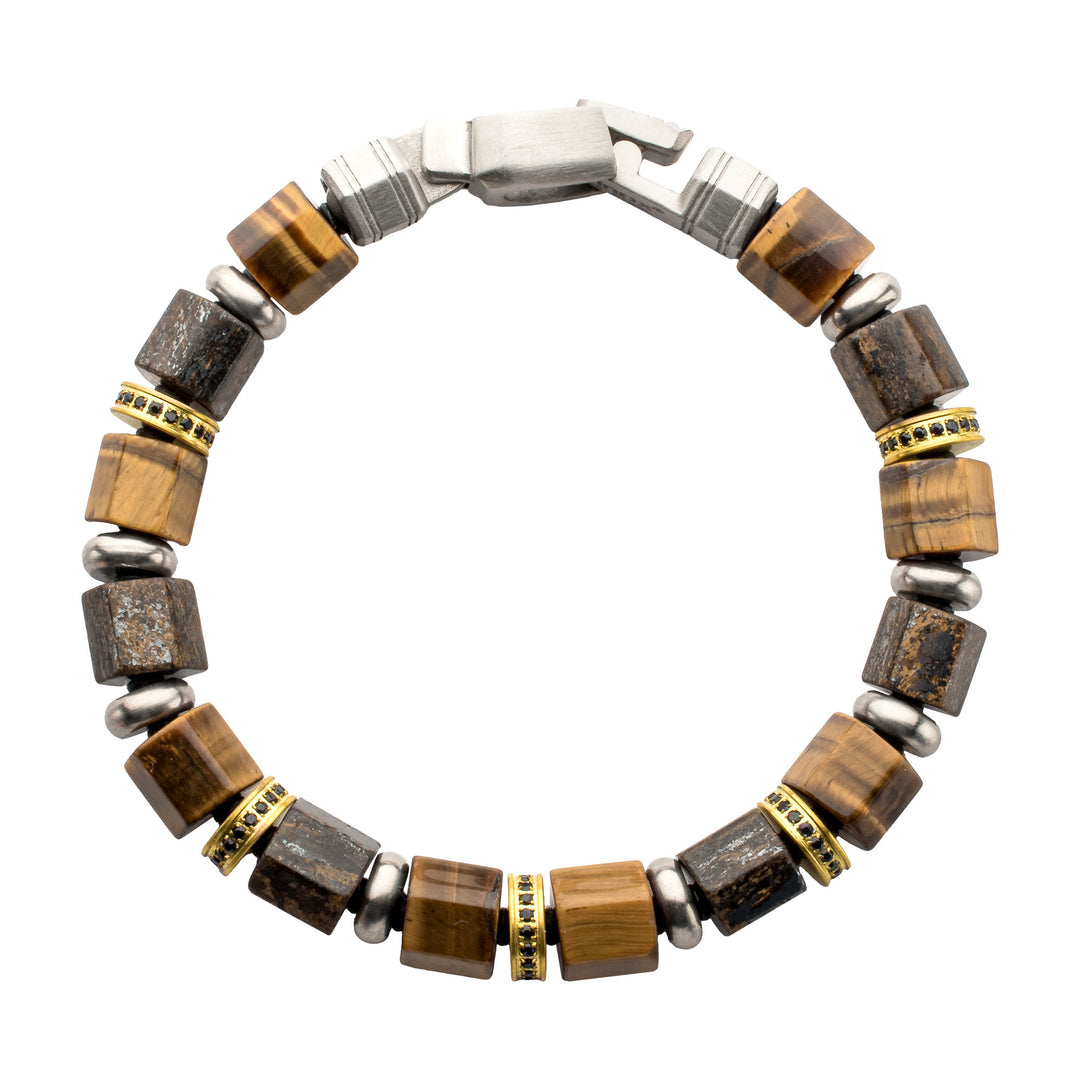8mm Bronzite & Tiger Eye Bead Bracelet with Black Sapphire Crown Link
