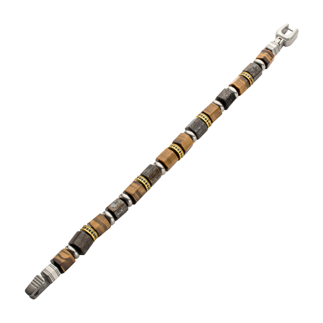 8mm Bronzite & Tiger Eye Bead Bracelet with Black Sapphire Crown Link