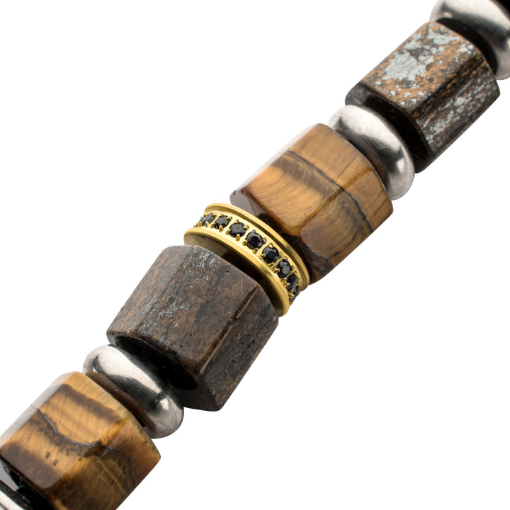 8mm Bronzite & Tiger Eye Bead Bracelet with Black Sapphire Crown Link