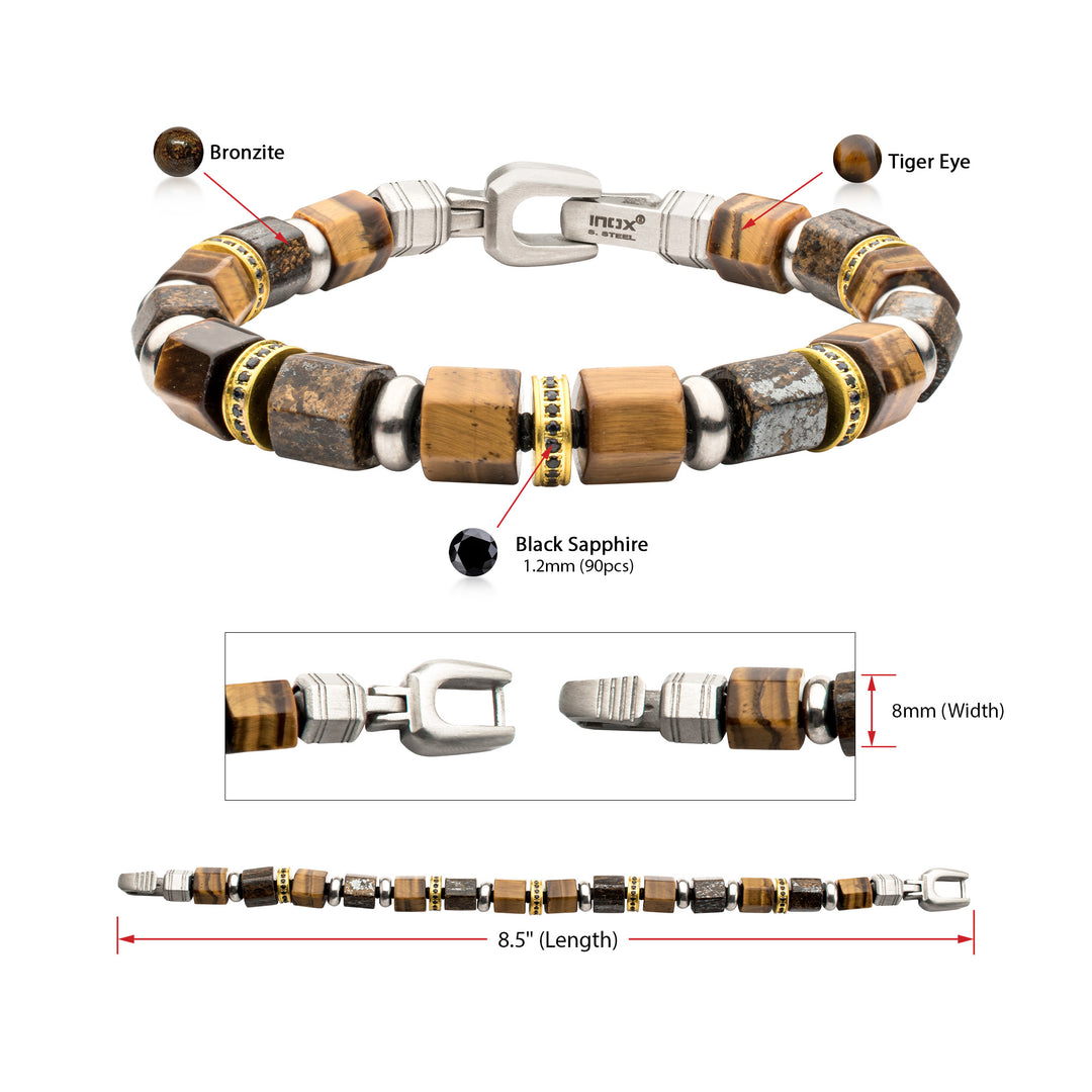 8mm Bronzite & Tiger Eye Bead Bracelet with Black Sapphire Crown Link