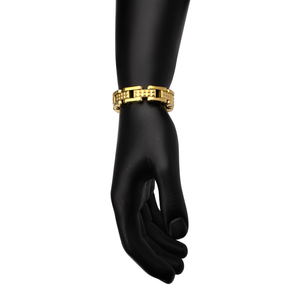 18Kt Gold IP Steel with Matte Finish Pyramid Stud Pattern & High Polished Finish Link Bracelet