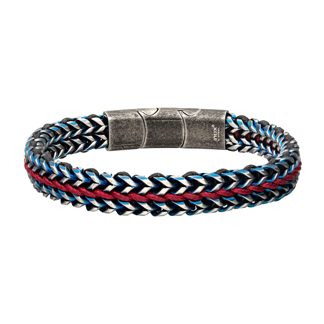 Antique Finish Blue IP Stainless Steel Foxtail Chain with Red Wax Cord Bracelet