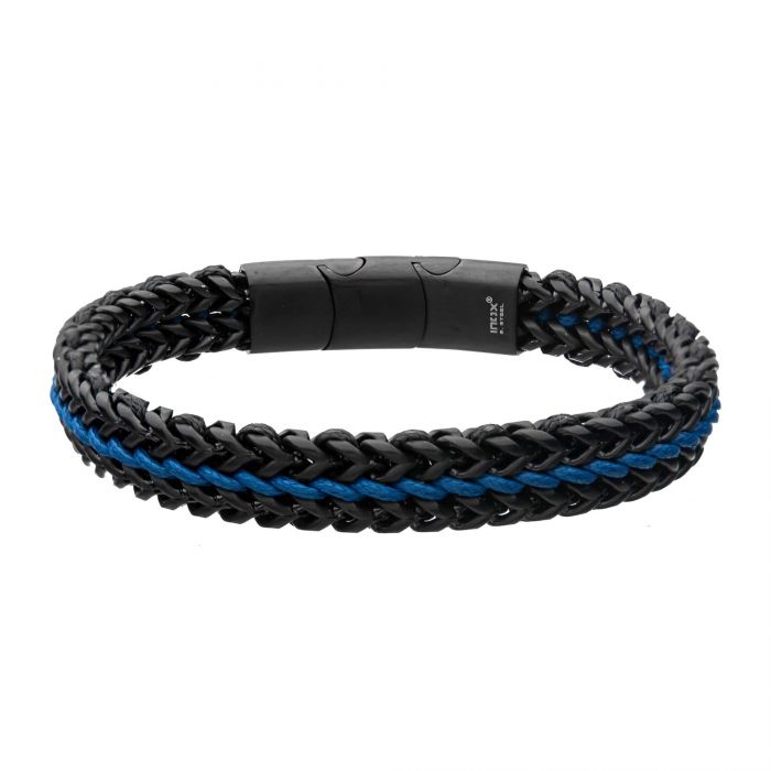 Antique Finish Black IP Stainless Steel Foxtail Chain with Blue Wax Cord Bracelet