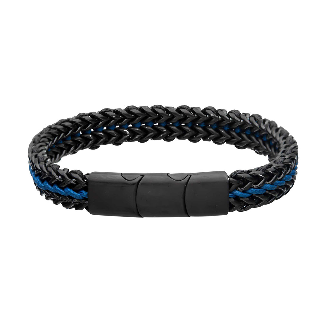Antique Finish Black IP Stainless Steel Foxtail Chain with Blue Wax Cord Bracelet