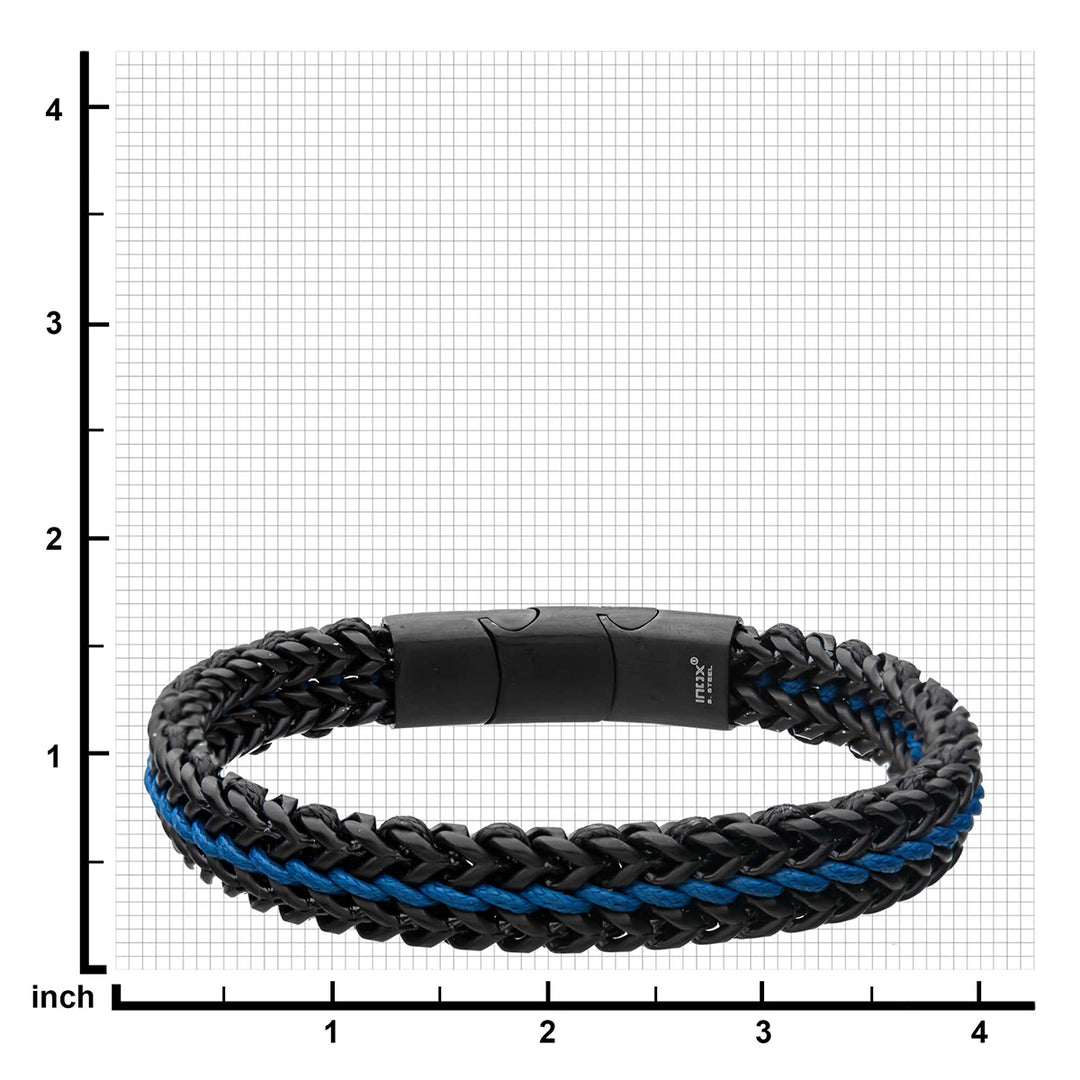 Antique Finish Black IP Stainless Steel Foxtail Chain with Blue Wax Cord Bracelet