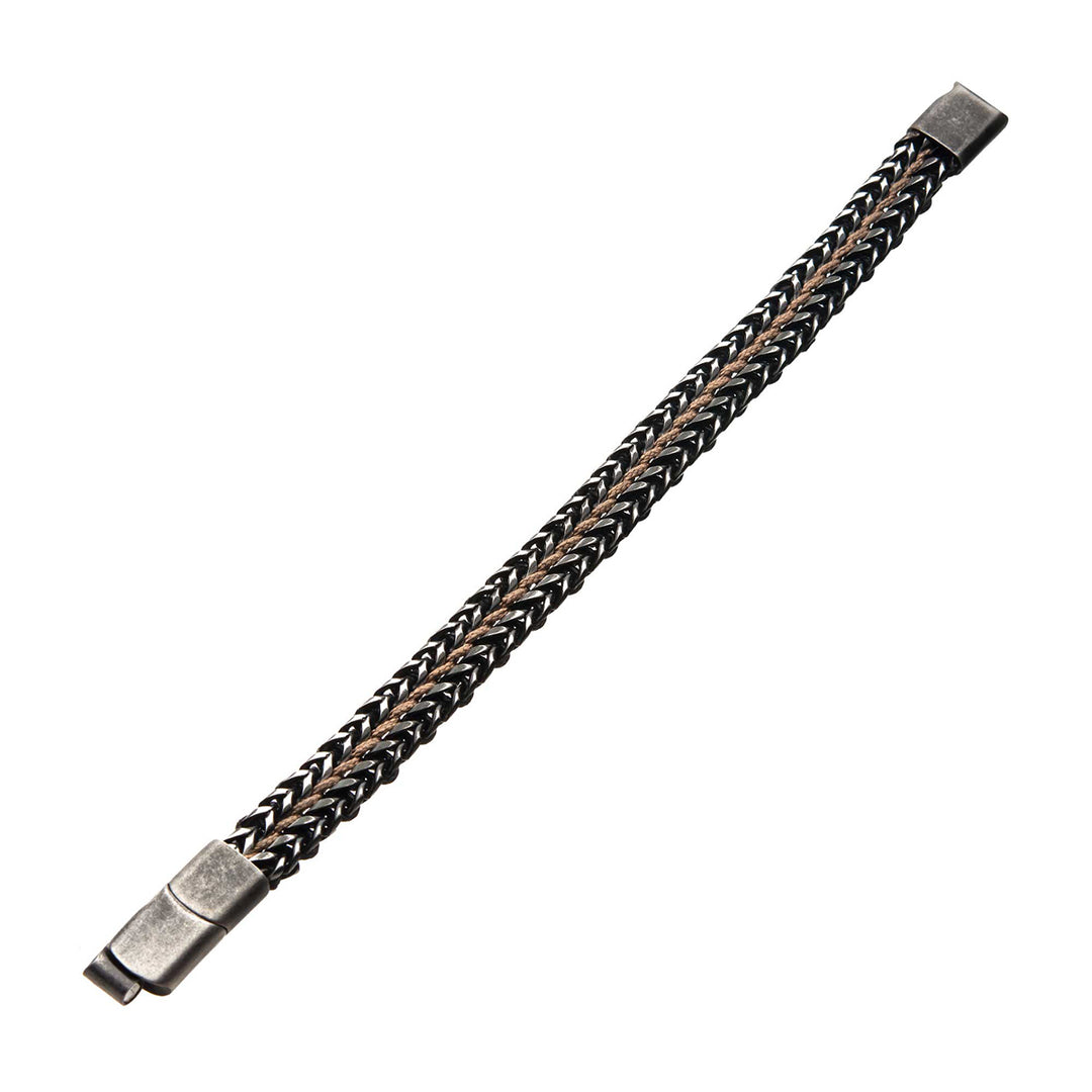 Antique Finish Stainless Steel Foxtail Chain with Brown Wax Cord Bracelet