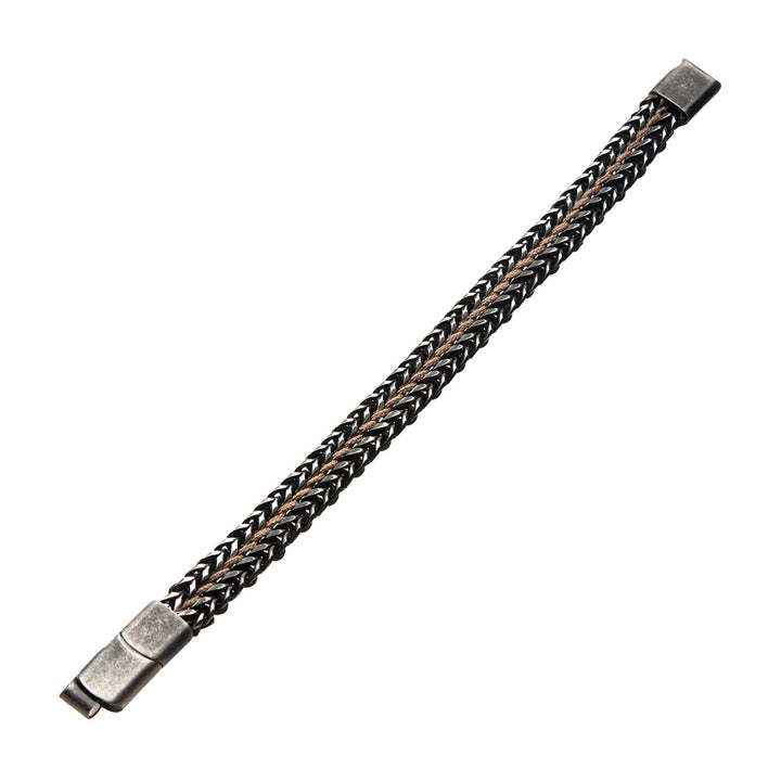 Antique Finish Stainless Steel Foxtail Chain with Brown Wax Cord Bracelet