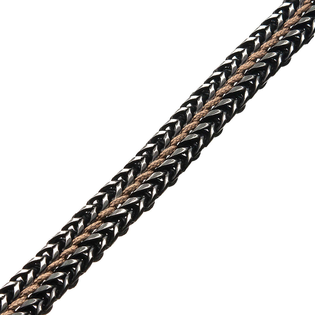 Antique Finish Stainless Steel Foxtail Chain with Brown Wax Cord Bracelet
