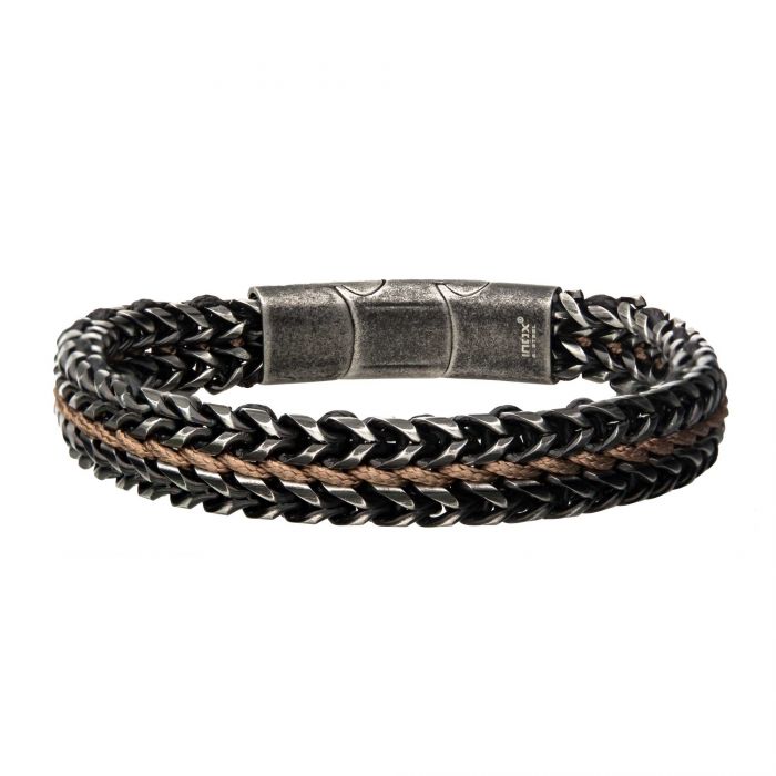 Antique Finish Stainless Steel Foxtail Chain with Brown Wax Cord Bracelet