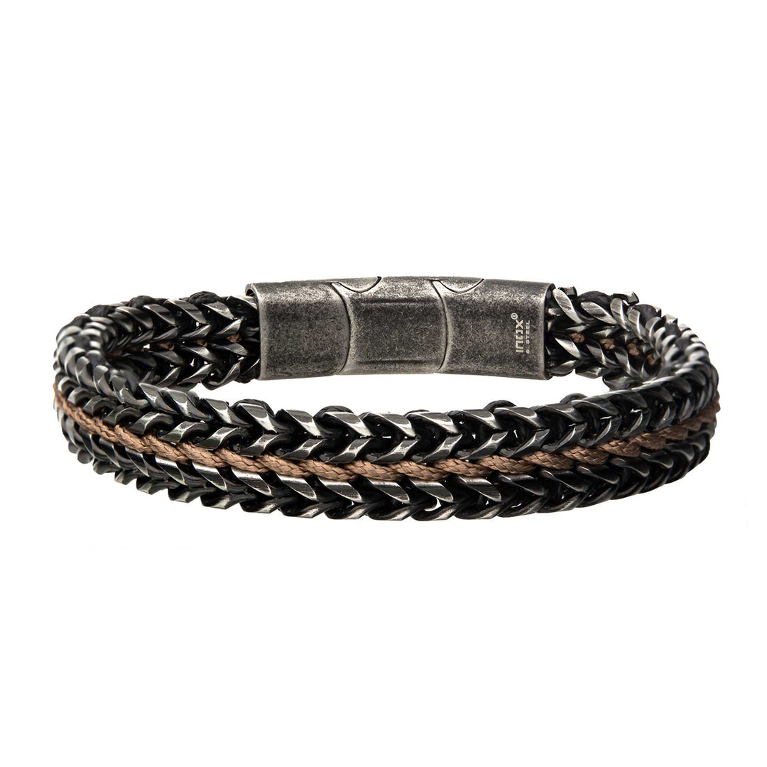 Antique Finish Stainless Steel Foxtail Chain with Brown Wax Cord Bracelet