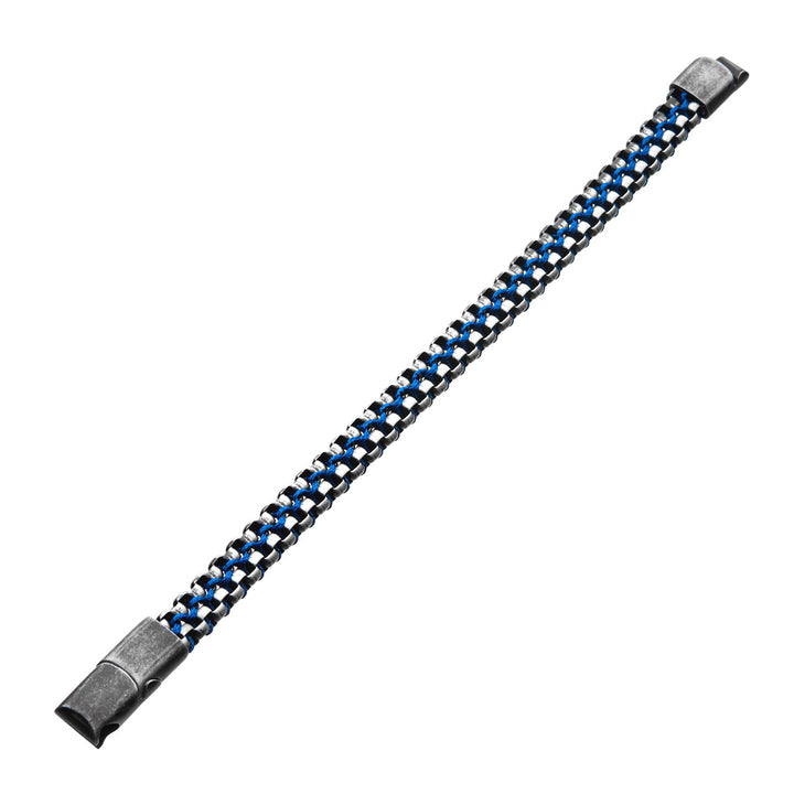 Antique Finish Stainless Steel Box Chain with Blue Wax Cord Bracelet