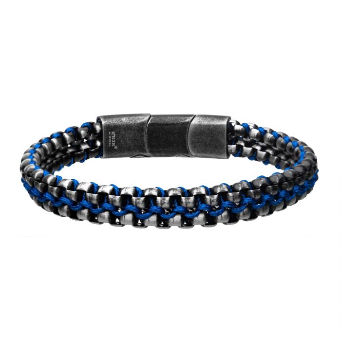 Antique Finish Stainless Steel Box Chain with Blue Wax Cord Bracelet