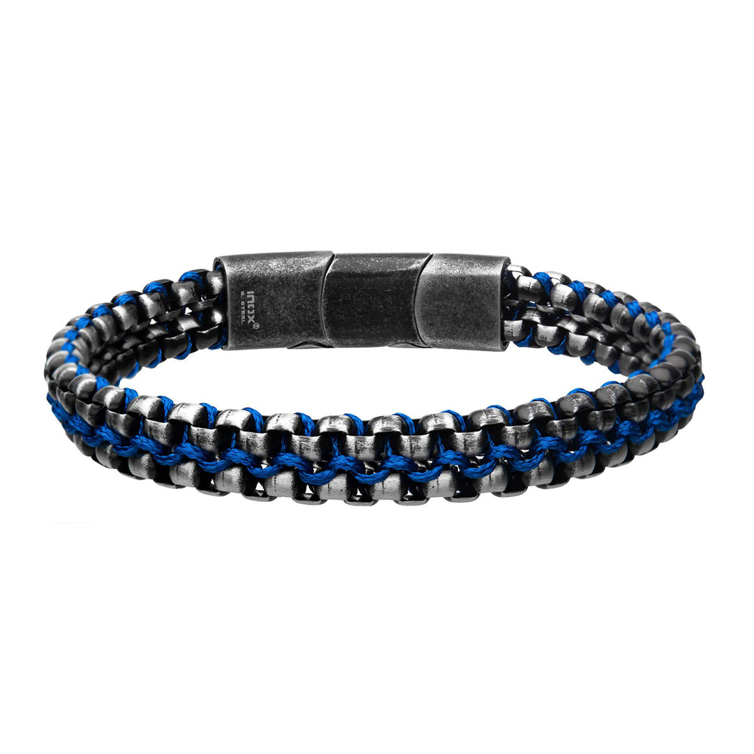 Antique Finish Stainless Steel Box Chain with Blue Wax Cord Bracelet