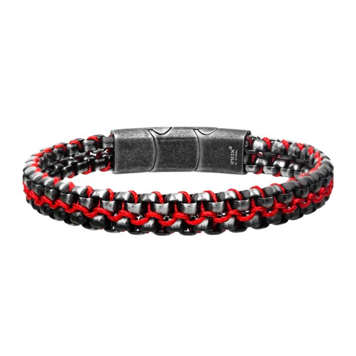 Antique Finish Stainless Steel Box Chain with Red Wax Cord Bracelet