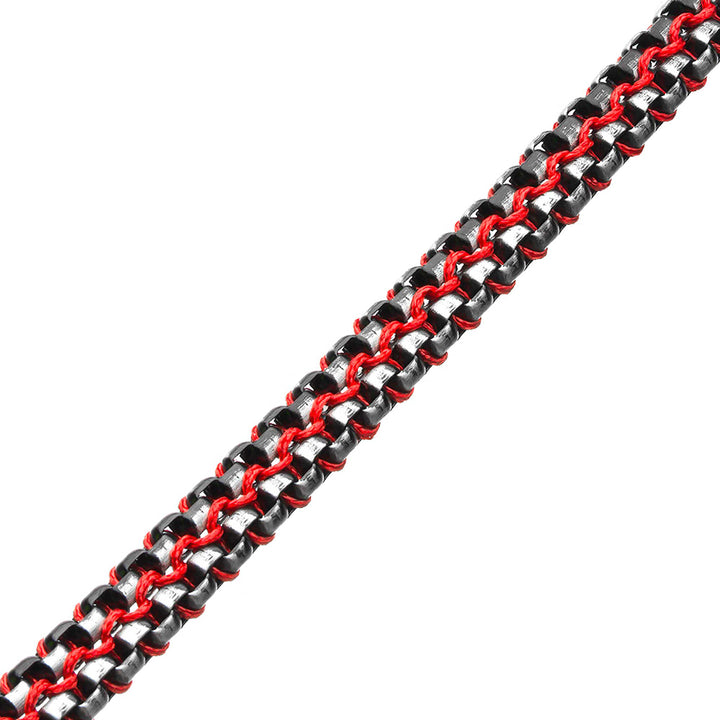 Antique Finish Stainless Steel Box Chain with Red Wax Cord Bracelet
