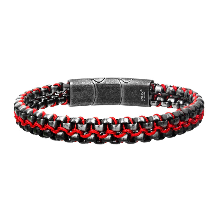 Antique Finish Stainless Steel Box Chain with Red Wax Cord Bracelet