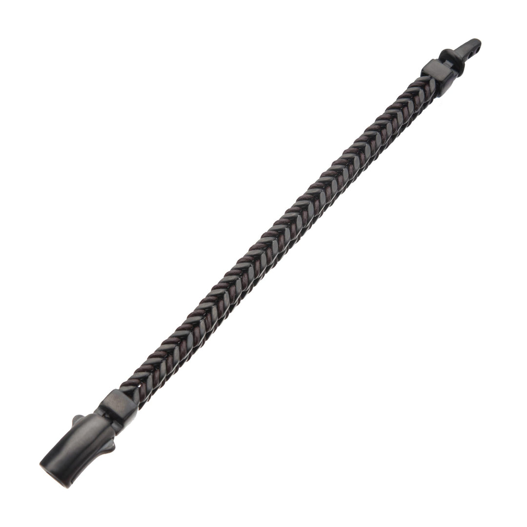 Brown Leather Binding Steel Matte Black Chain Bracelet