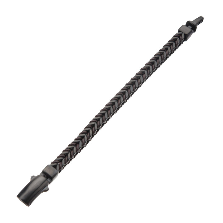 Brown Leather Binding Steel Matte Black Chain Bracelet