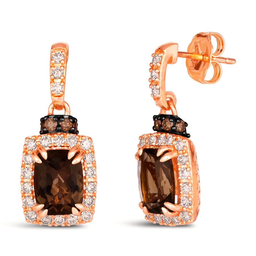 14K STRAWBERRY GOLD DIAMOND SMOKY QUARTZ EARRINGS
