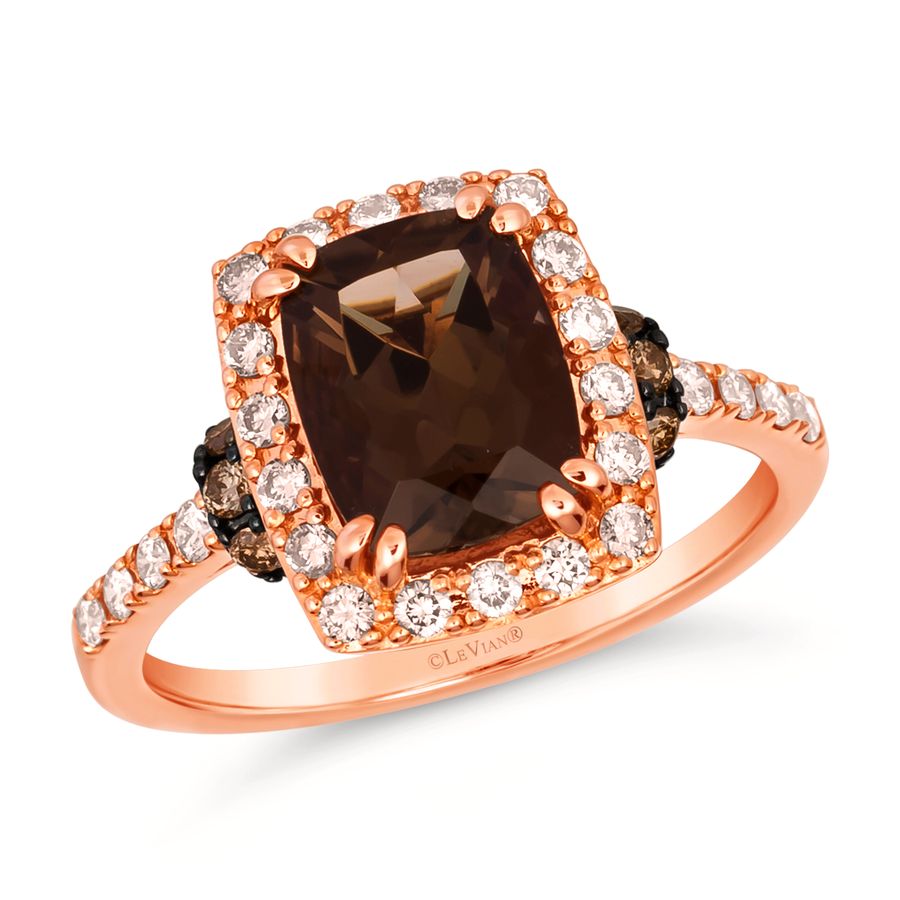 14K STRAWBERRY GOLD DIAMOND SMOKY QUARTZ RING