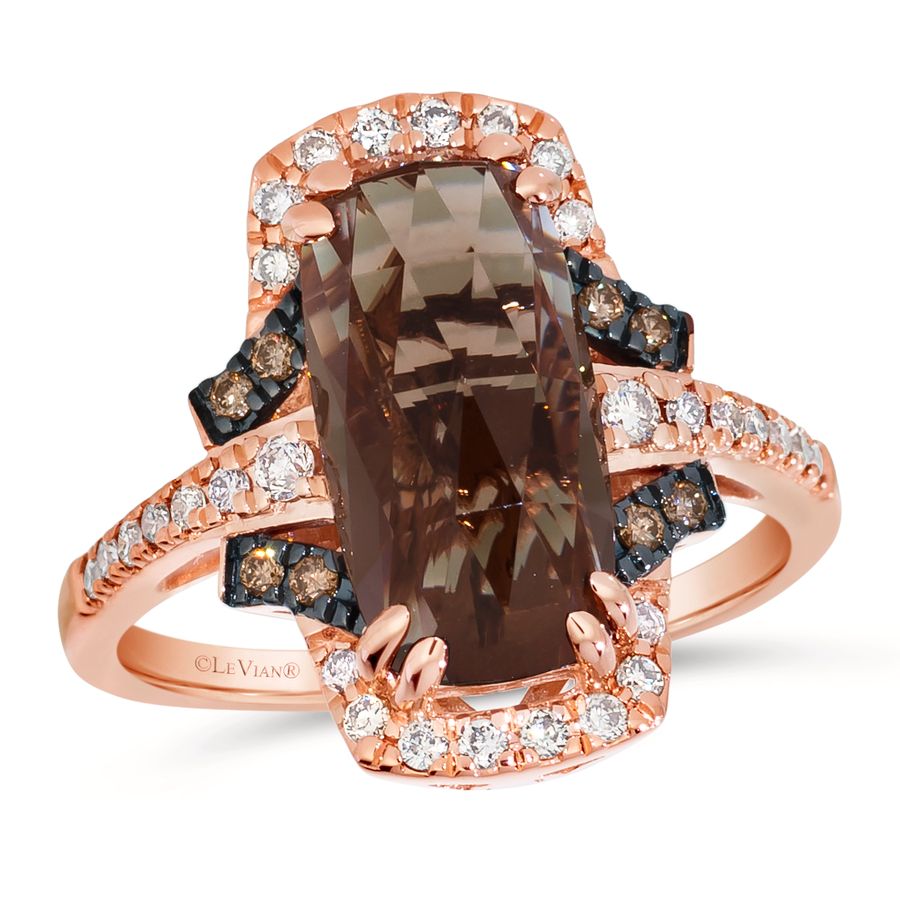 14K STRAWBERRY GOLD DIAMOND SMOKY QUARTZ RING