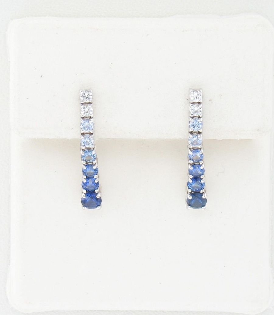 14K WHITE GOLD WHITE SAPPHIRE, SAPPHIRE OMBRE EARR