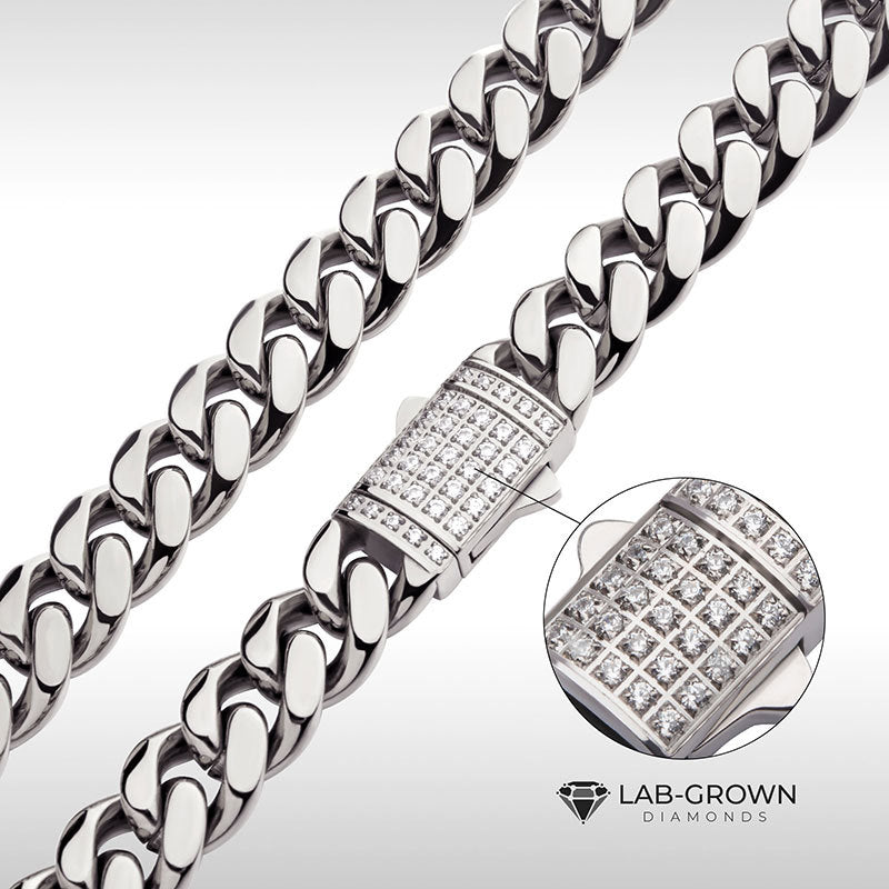 10mm Steel Miami Cuban Chain Necklace with CNC Precision Set Lab-grown Diamonds Double Tab Box Clasp