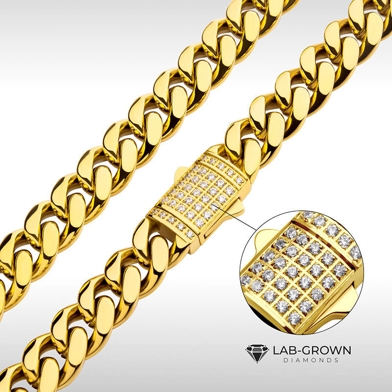 10mm 18kt Gold IP Miami Cuban Chain Necklace with CNC Precision Set Lab-grown Diamonds